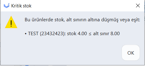 Kritik stok uyari penceresi